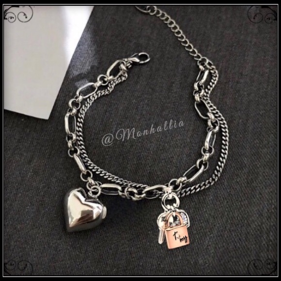 New 14k white gold keys to my heart double chain trinket heart charms bracelet - Picture 3 of 5
